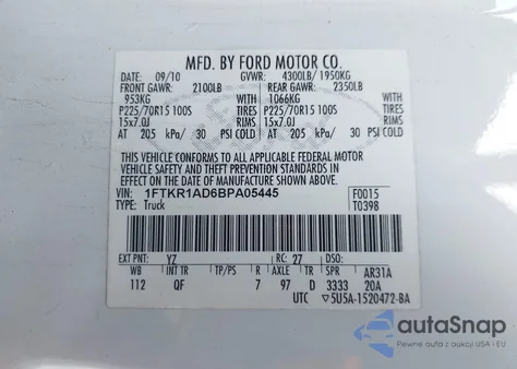 2011 Ford Ranger Xl z USA, uszkodzony, nr VIN 1FTKR1AD6BPA05445